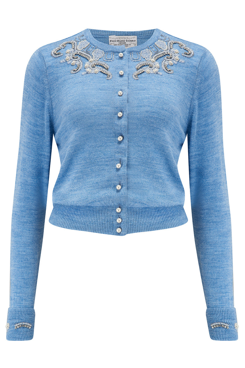 The Beaded Cardigan in Marl Blue, Stunning 1940s Vintage Style 