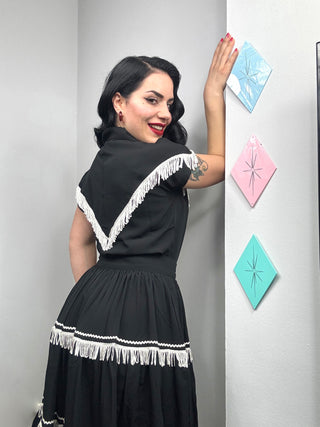 The "Nevada" Patio Skirt In Black With Ivory Fringe Tassels & RicRac, Authentic 1950s Western Style