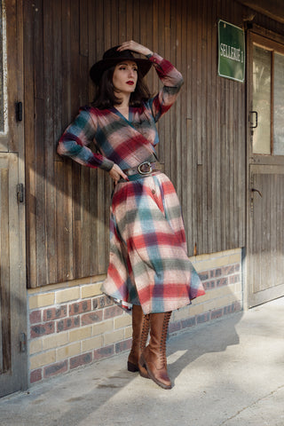 The "Darla" Long Sleeve Wrap Blouse in Cotswold Check Print, True Vintage Style