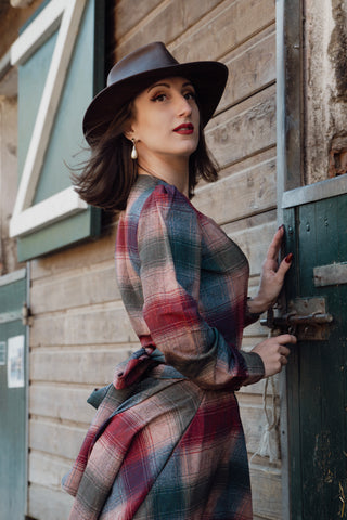 The "Darla" Long Sleeve Wrap Blouse in Cotswold Check Print, True Vintage Style