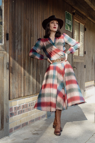 The "Darla" Long Sleeve Wrap Blouse in Cotswold Check Print, True Vintage Style