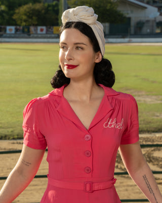 Ethel-49er Dress in Raspberry Pink By The Seamstress Of Bloomsbury, Classic 1940s Vintage Inspired Style