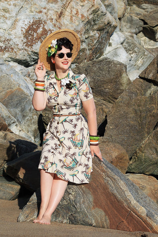 The "Charlene" Shirtwaister Dress in Tahiti Print, True 1940s-50s Vintage Style - CC41, Goodwood Revival, Twinwood Festival, Viva Las Vegas Rockabilly Weekend Rock n Romance Rock n Romance