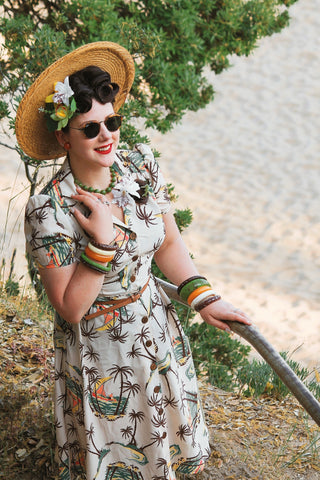 The "Charlene" Shirtwaister Dress in Tahiti Print, True 1940s-50s Vintage Style - CC41, Goodwood Revival, Twinwood Festival, Viva Las Vegas Rockabilly Weekend Rock n Romance Rock n Romance