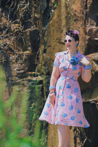 **Sample Sale** The "Charlene" Shirtwaister Dress in Pink Summer Bouquet , True 1940s-50s Vintage Style - CC41, Goodwood Revival, Twinwood Festival, Viva Las Vegas Rockabilly Weekend Rock n Romance Rock n Romance