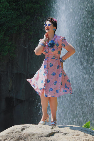 **Sample Sale** The "Charlene" Shirtwaister Dress in Pink Summer Bouquet , True 1940s-50s Vintage Style - CC41, Goodwood Revival, Twinwood Festival, Viva Las Vegas Rockabilly Weekend Rock n Romance Rock n Romance