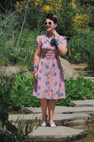 **Sample Sale** The "Charlene" Shirtwaister Dress in Pink Summer Bouquet , True 1940s-50s Vintage Style - CC41, Goodwood Revival, Twinwood Festival, Viva Las Vegas Rockabilly Weekend Rock n Romance Rock n Romance