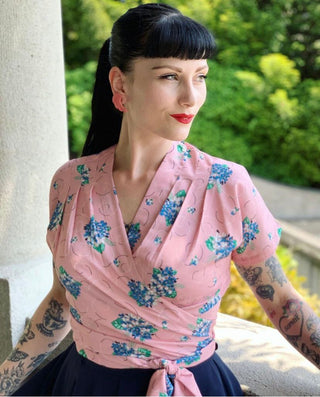 **Sample Sale** The "Darla" Short Sleeve Wrap Blouse in Pink Summer Bouquet , True 1940s-50s Vintage Style - CC41, Goodwood Revival, Twinwood Festival, Viva Las Vegas Rockabilly Weekend Rock n Romance Rock n Romance