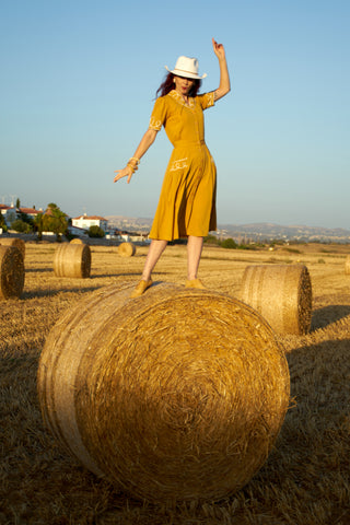 The "Loopy-Lou" Shirtwaister Dress in Mustard with Contrast RicRac, True 1950s Vintage Style