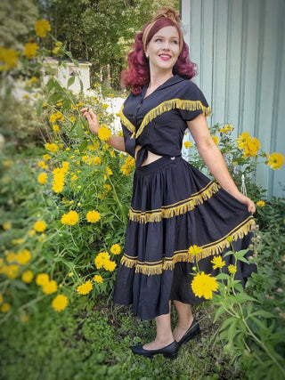 The "Nevada" Patio Skirt In Black With Gold Fringe Tassels & RicRac, Authentic 1950s Western Style