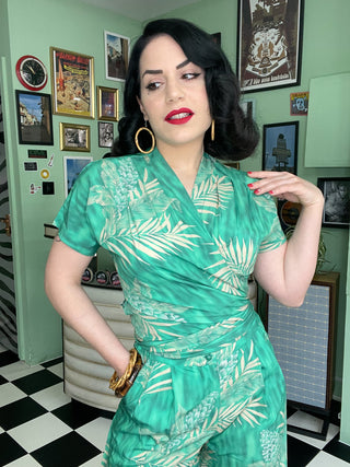 The "Darla" Short Sleeve Wrap Blouse in Emerald Palm Print, True Vintage Style - CC41, Goodwood Revival, Twinwood Festival, Viva Las Vegas Rockabilly Weekend Rock n Romance Rock n Romance