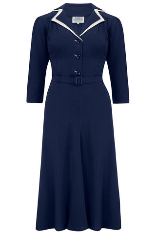 Langärmliges Lisa-Mae-Kleid in Marineblau mit kontrastierendem Unterkragen, authentischer Vintage-Stil der 1940er Jahre vom Feinsten