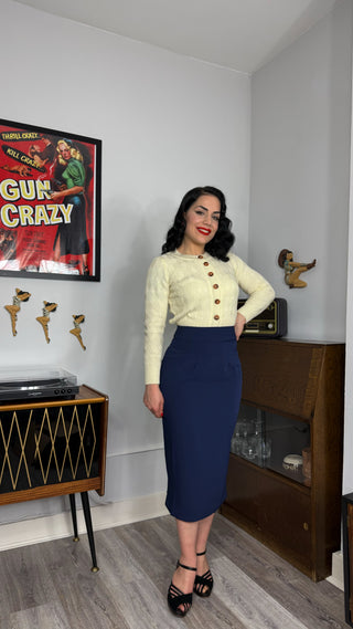 The "Jitterbug" Pencil Skirt with Kick-Pleat in Navy, Iconic 1950s Vintage Style