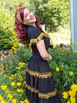 The "Nevada" Tuck in or Tie Up Patio Blouse in Black with Gold Tassels, Classic Vintage Western Style