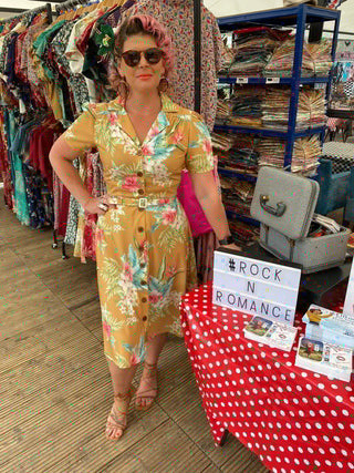 **Sample Sale** The "Charlene" Shirtwaister Dress in Mustard Honolulu Print, True & Authentic 1950s Vintage Style - CC41, Goodwood Revival, Twinwood Festival, Viva Las Vegas Rockabilly Weekend Rock n Romance Rock n Romance