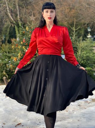 The "Beverly" Button Front Full Circle Skirt with Pockets in Solid Black, Authentic 1950s Vintage Style