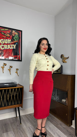 The "Jitterbug" Pencil Skirt with Kick-Pleat in Red, Iconic 1950s Vintage Style