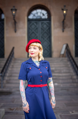 The "Polly" Dress in Navy With Red Contrasts, True & Authentic 1950s Vintage Style