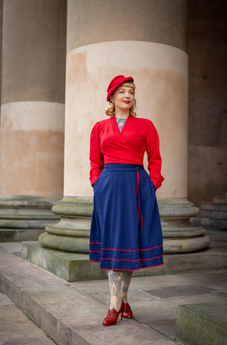 The "Glynis" Wrap Around Circle Skirt with Pockets in Navy with Red Ric Rac, True & Authentic 1950s Vintage Style