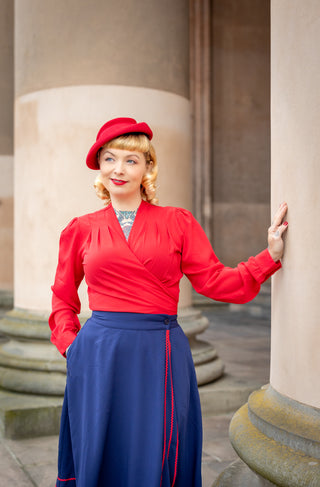 The "Glynis" Wrap Around Circle Skirt with Pockets in Navy with Red Ric Rac, True & Authentic 1950s Vintage Style