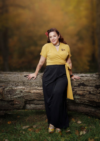 The "Darla" Short Sleeve Wrap Blouse in Mustard, True Vintage Style