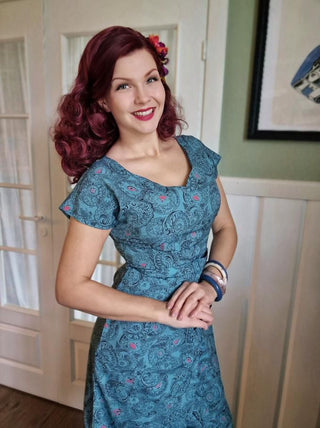 The “Dita" V Neck Sheath Dress in Melody Print, True 1950s Vintage Style