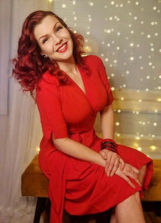 The "Vivien" Full Wrap Dress in Red, True 1940s To Early 1950s Style