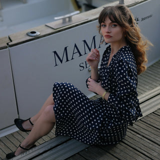 "Ava" Dress in Navy Polka Dot Print, Classic 1940's Style Long Sleeve Dress