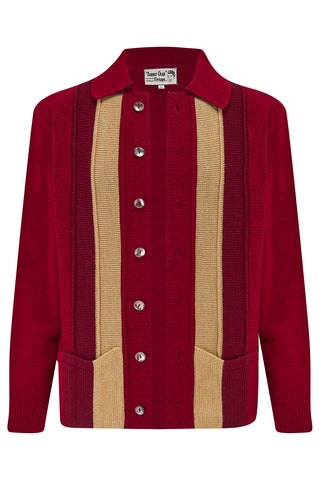 **Pre-Order** The "Arthur" Mens Button Front Knitted Shirt Cardigan With Pockets In Red.. 1950s Vintage Menswear