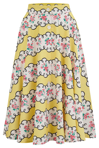 The "Beverly" Button Front Full Circle Skirt with Pockets in Daydream Print, True 1950s Vintage Style