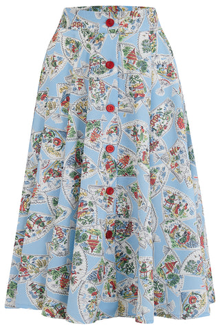 The "Beverly" Button Front Full Circle Skirt with Pockets in Pagoda Print, True 1950s Vintage Style