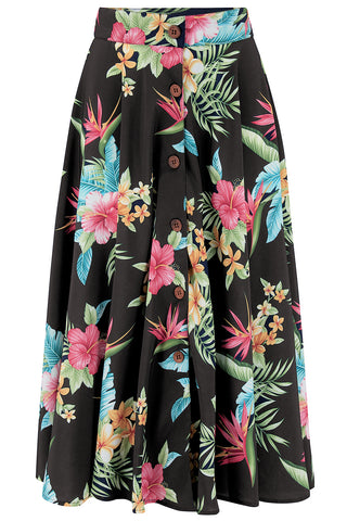 **Pre-Order** The "Beverly" Button Front Full Circle Skirt with Pockets in Black Honolulu Print, True 1950s Vintage Style
