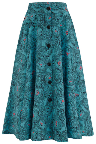 The "Beverly" Button Front Full Circle Skirt with Pockets in Melody Print, True 1950s Vintage Style