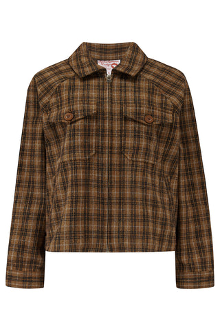 The "Bobby Jacket" in Woven Brown Check Wool With Luxury Satin Lining, Classic Rockabilly Style