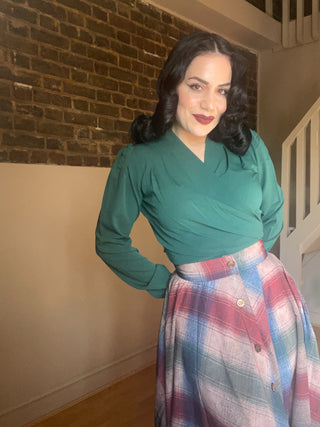 The "Darla" Long Sleeve Wrap Blouse in Green, True Vintage Style - CC41, Goodwood Revival, Twinwood Festival, Viva Las Vegas Rockabilly Weekend Rock n Romance Rock n Romance