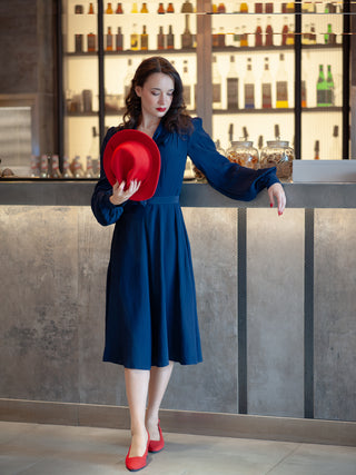 "Eva" Dress in Navy , Classic 1940's Style Long Sleeve Dress with Tie Neck