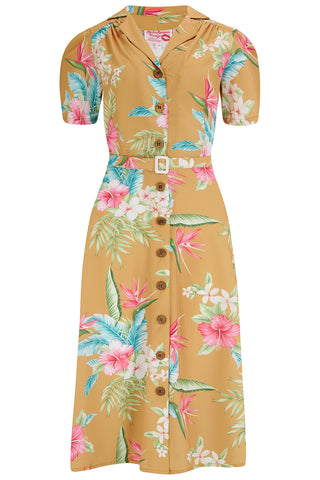 **Sample Sale** The "Charlene" Shirtwaister Dress in Mustard Honolulu Print, True & Authentic 1950s Vintage Style - CC41, Goodwood Revival, Twinwood Festival, Viva Las Vegas Rockabilly Weekend Rock n Romance Rock n Romance