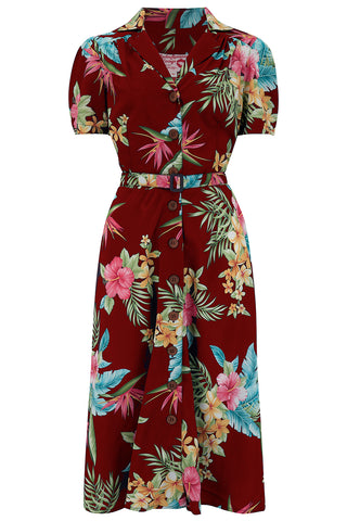 Charlene Shirtwaister Dress in Wine Honolulu Print, True 1950s Vintage Style