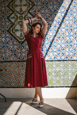 The "Loopy-Lou" Shirtwaister Dress in Wine with Contrast RicRac, True 1950s Vintage Style - CC41, Goodwood Revival, Twinwood Festival, Viva Las Vegas Rockabilly Weekend Rock n Romance Rock n Romance