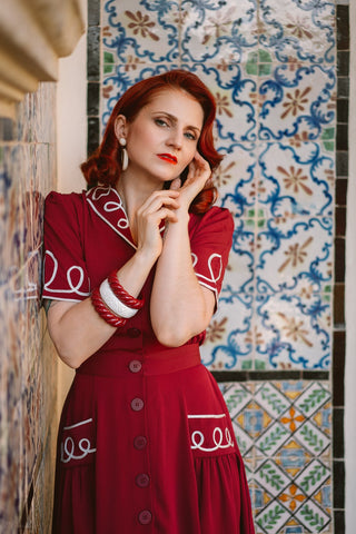 The "Loopy-Lou" Shirtwaister Dress in Wine with Contrast RicRac, True 1950s Vintage Style - CC41, Goodwood Revival, Twinwood Festival, Viva Las Vegas Rockabilly Weekend Rock n Romance Rock n Romance