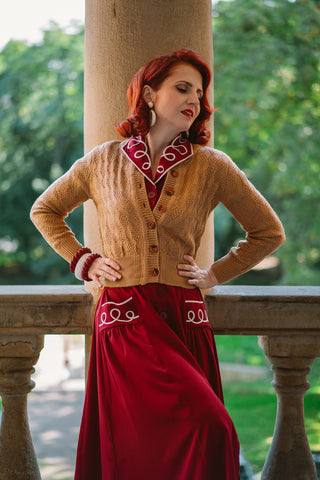 The "Sandra" Textured Diamond Knit Cardigan in Biscuit, 1940s & 50s Vintage Style - CC41, Goodwood Revival, Twinwood Festival, Viva Las Vegas Rockabilly Weekend Rock n Romance Rock n Romance