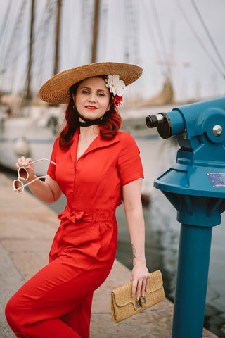 "Lauren" Siren Jump Suit in Solid Red, Classic 1940s Vintage Style