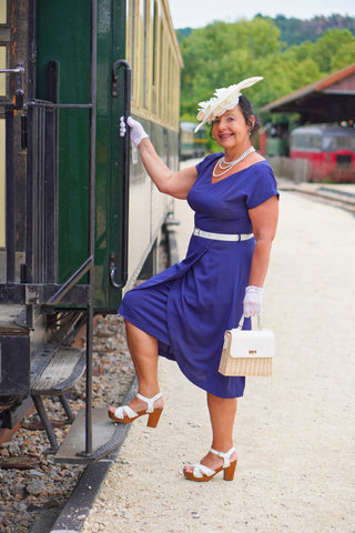 The “Dita" V Neck Sheath Dress in Navy, True19 50s Vintage Style