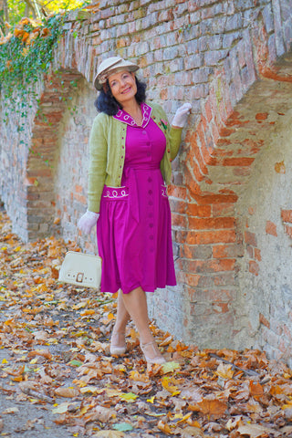 The "Loopy-Lou" Shirtwaister Dress in Plum with Contrast RicRac, True 1950s Vintage Style