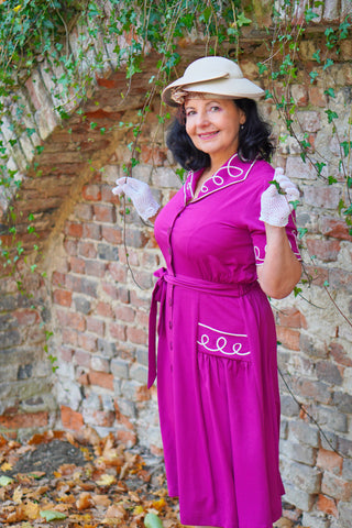 The "Loopy-Lou" Shirtwaister Dress in Plum with Contrast RicRac, True 1950s Vintage Style