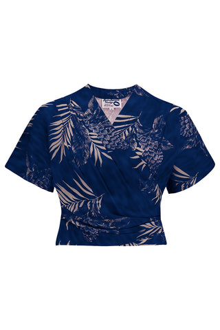 The "Darla" Short Sleeve Wrap Blouse in Sapphire Palm Print, True Vintage Style - CC41, Goodwood Revival, Twinwood Festival, Viva Las Vegas Rockabilly Weekend Rock n Romance Rock n Romance