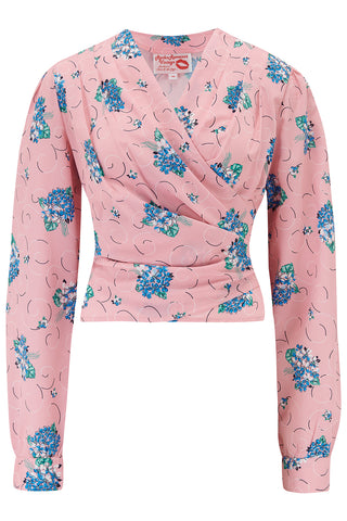 **Sample Sale** The "Darla" Long Sleeve Wrap Blouse in Pink Summer Bouquet, True 1940s-50s Vintage Style - CC41, Goodwood Revival, Twinwood Festival, Viva Las Vegas Rockabilly Weekend Rock n Romance Rock n Romance