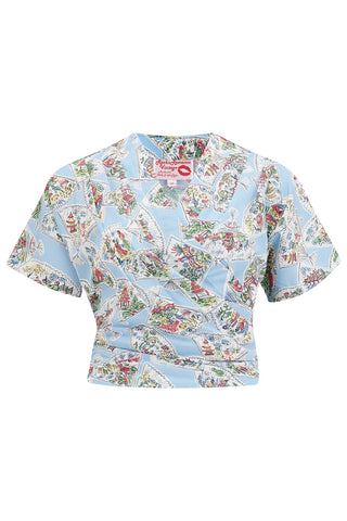 The "Darla" Short Sleeve Wrap Blouse in Pagoda Print, True Vintage Style