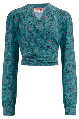 The "Darla" Long Sleeve Wrap Blouse in Melody Print, True Vintage Style