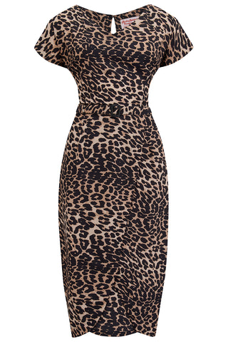 The “Dita" V Neck Sheath Dress in Leopard Print, True19 50s Vintage Style